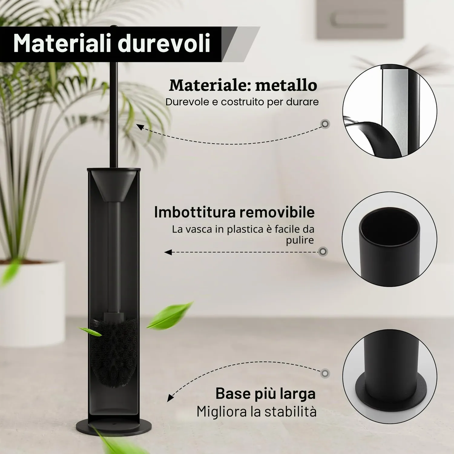 Bvl scopino WC nero opaco metallo con 2 testine