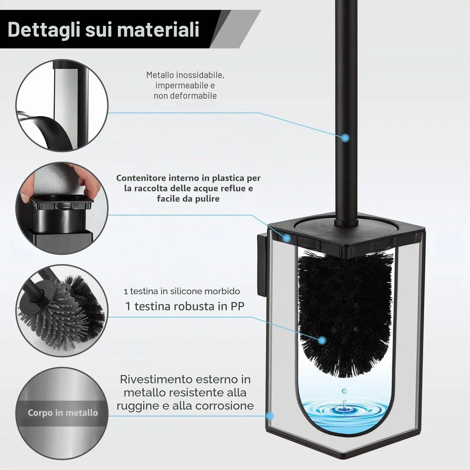 BVL scopino WC a parete nero rettangolare 2 testine