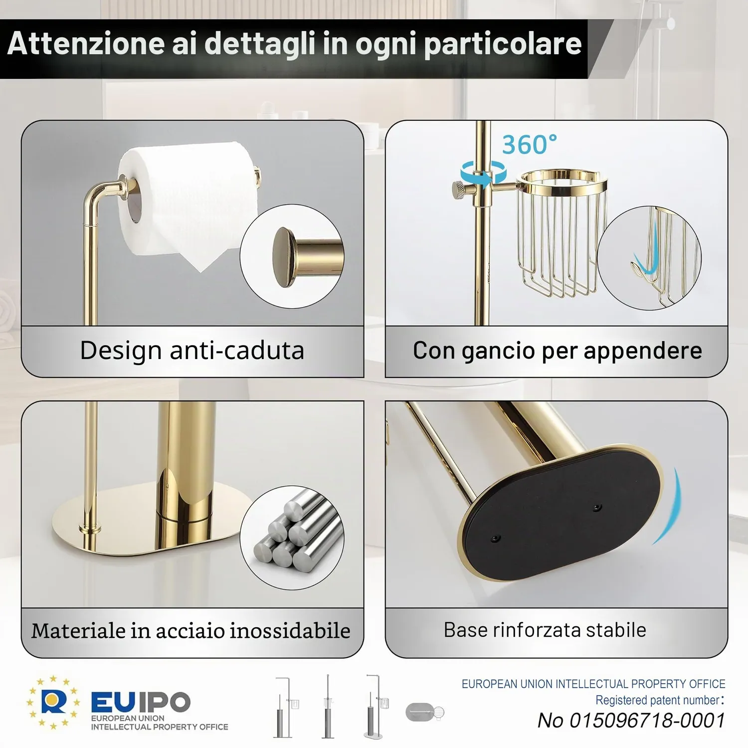 BVL Piantana Portarotolo Oro Acciaio con Scopino