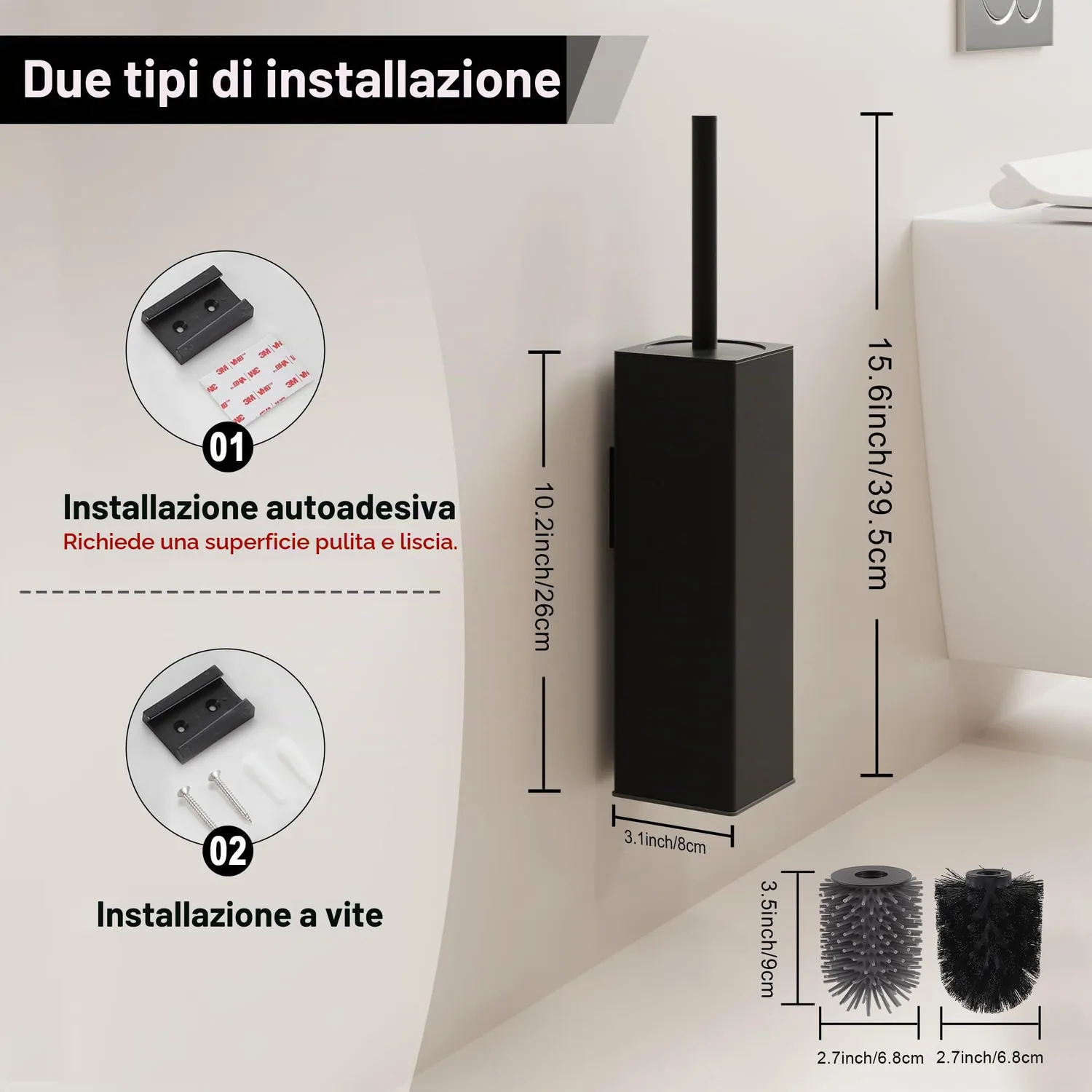 Bvl Scopino WC da Parete Nero Silicone 2 Testine Adesivo