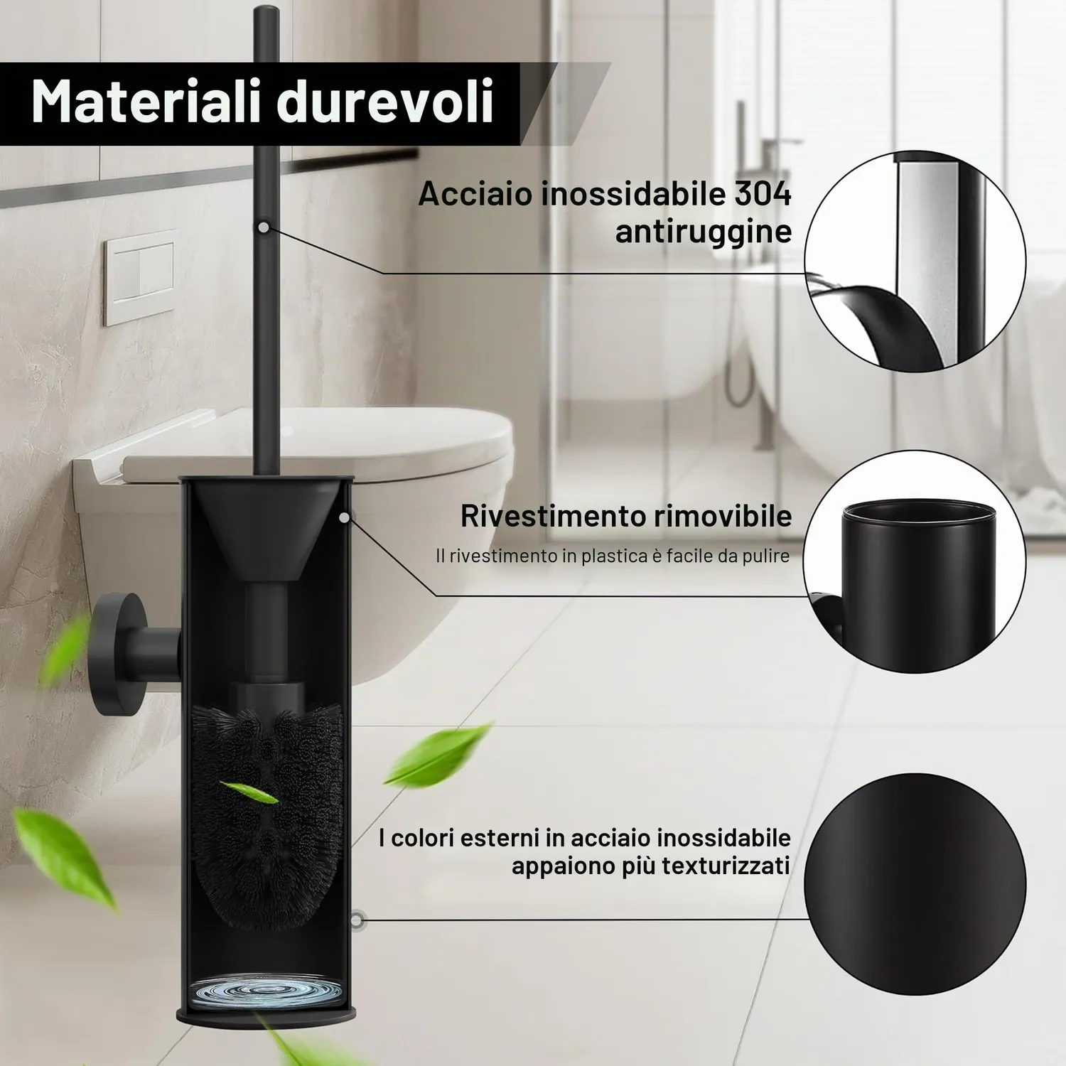 BVL scopino WC da parete nero acciaio salvaspazio