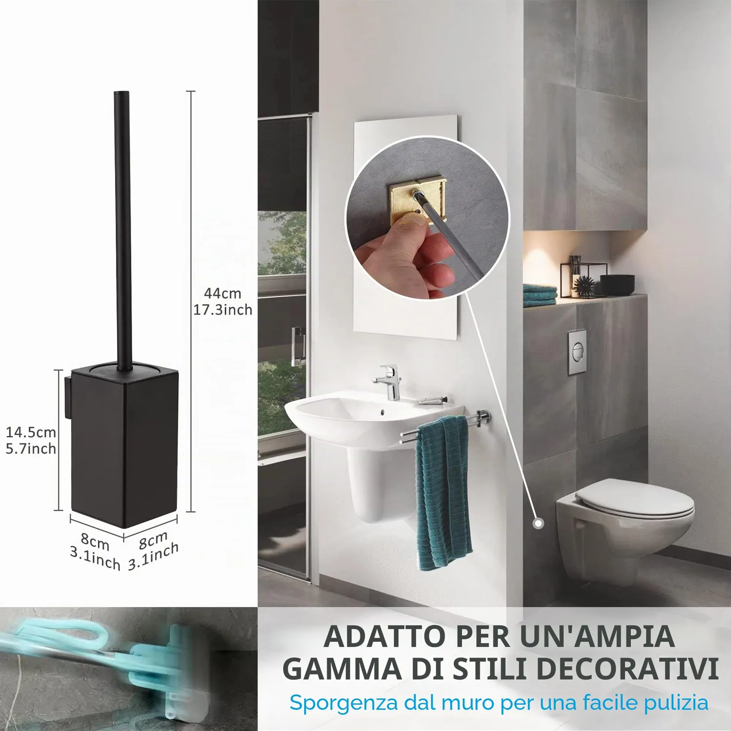 BVL scopino WC a parete nero rettangolare 2 testine