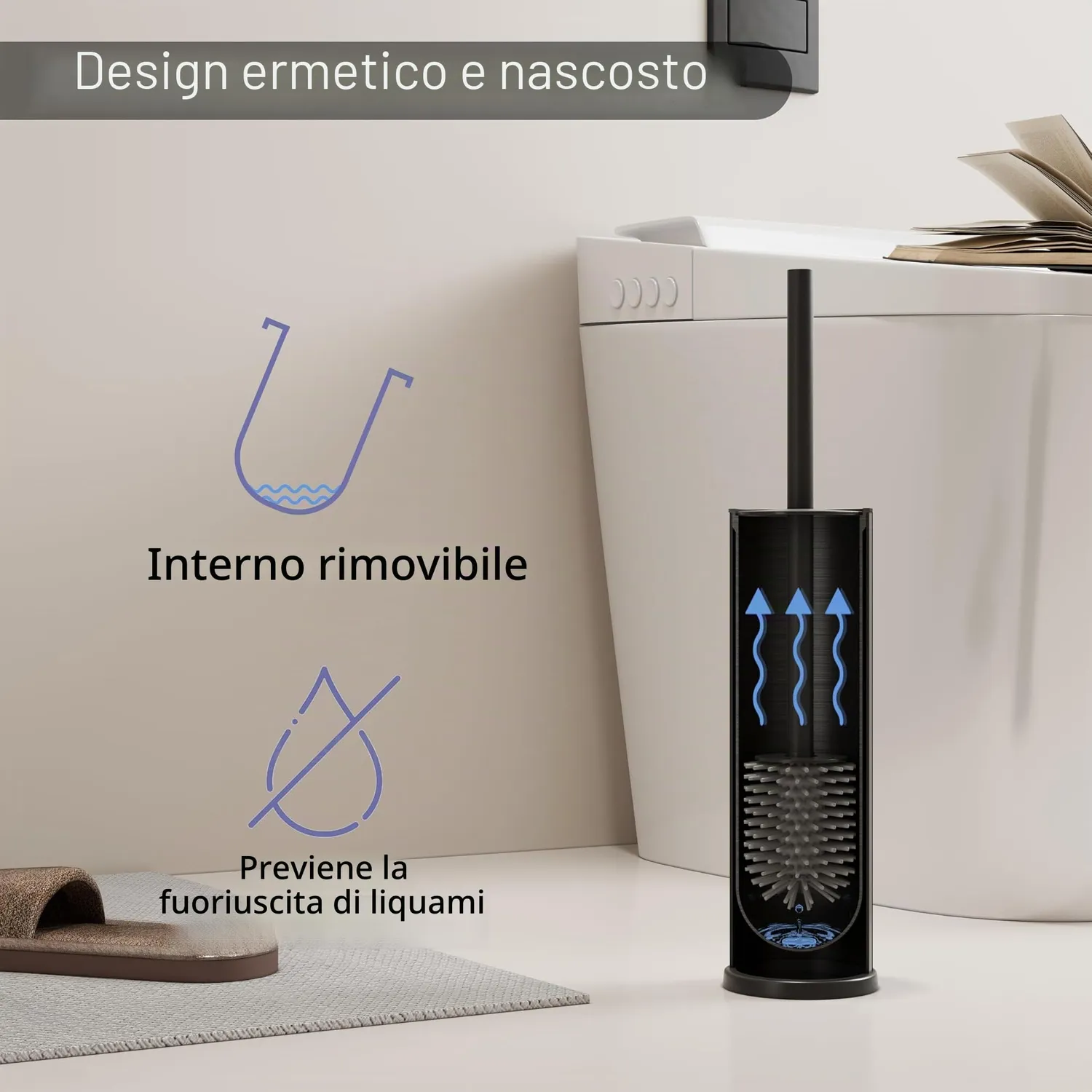 BVL scopino WC da terra nero rotondo silicone 2 testine