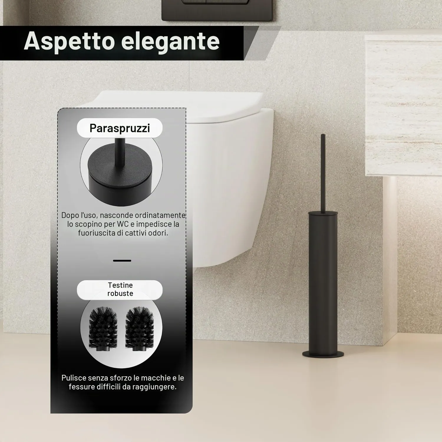 Bvl scopino WC nero opaco metallo con 2 testine