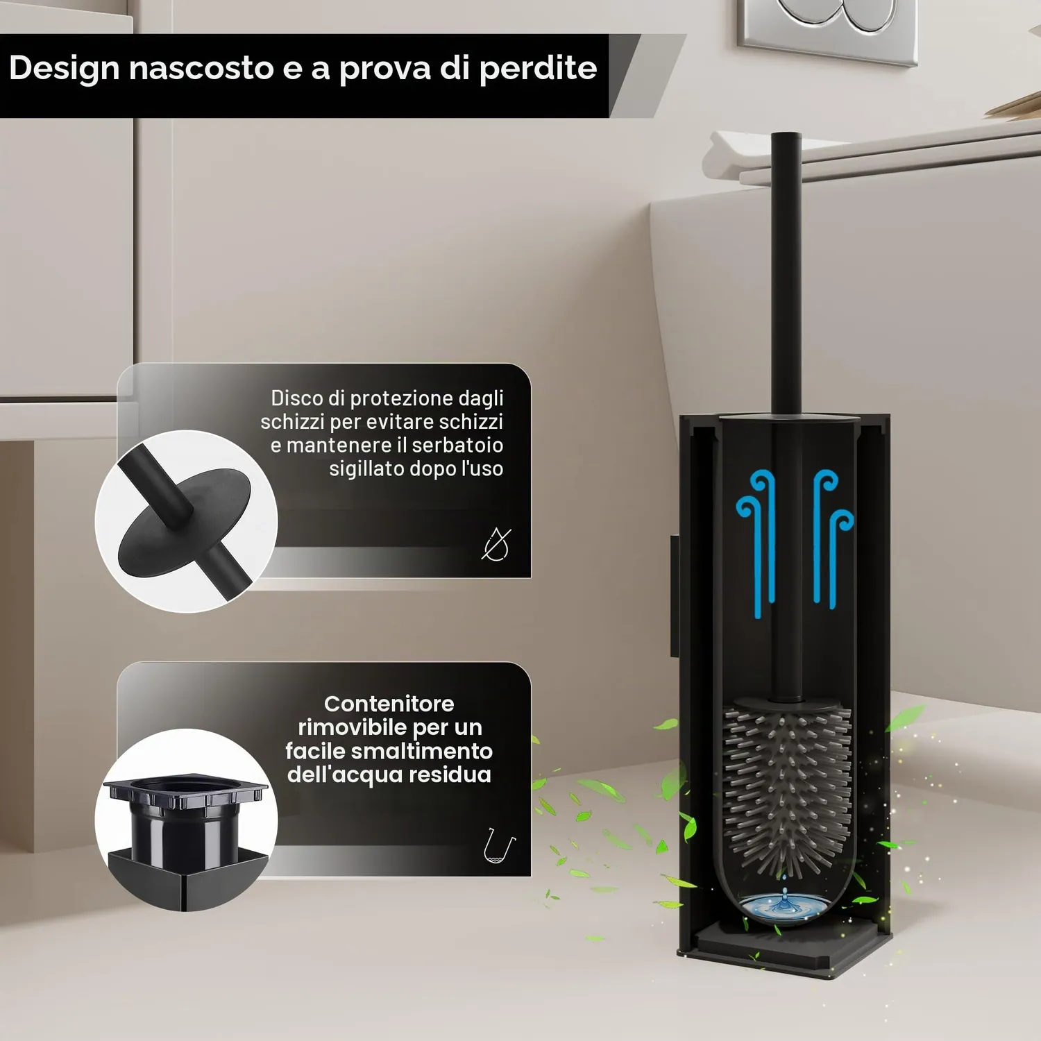 Bvl Scopino WC da Parete Nero Silicone 2 Testine Adesivo
