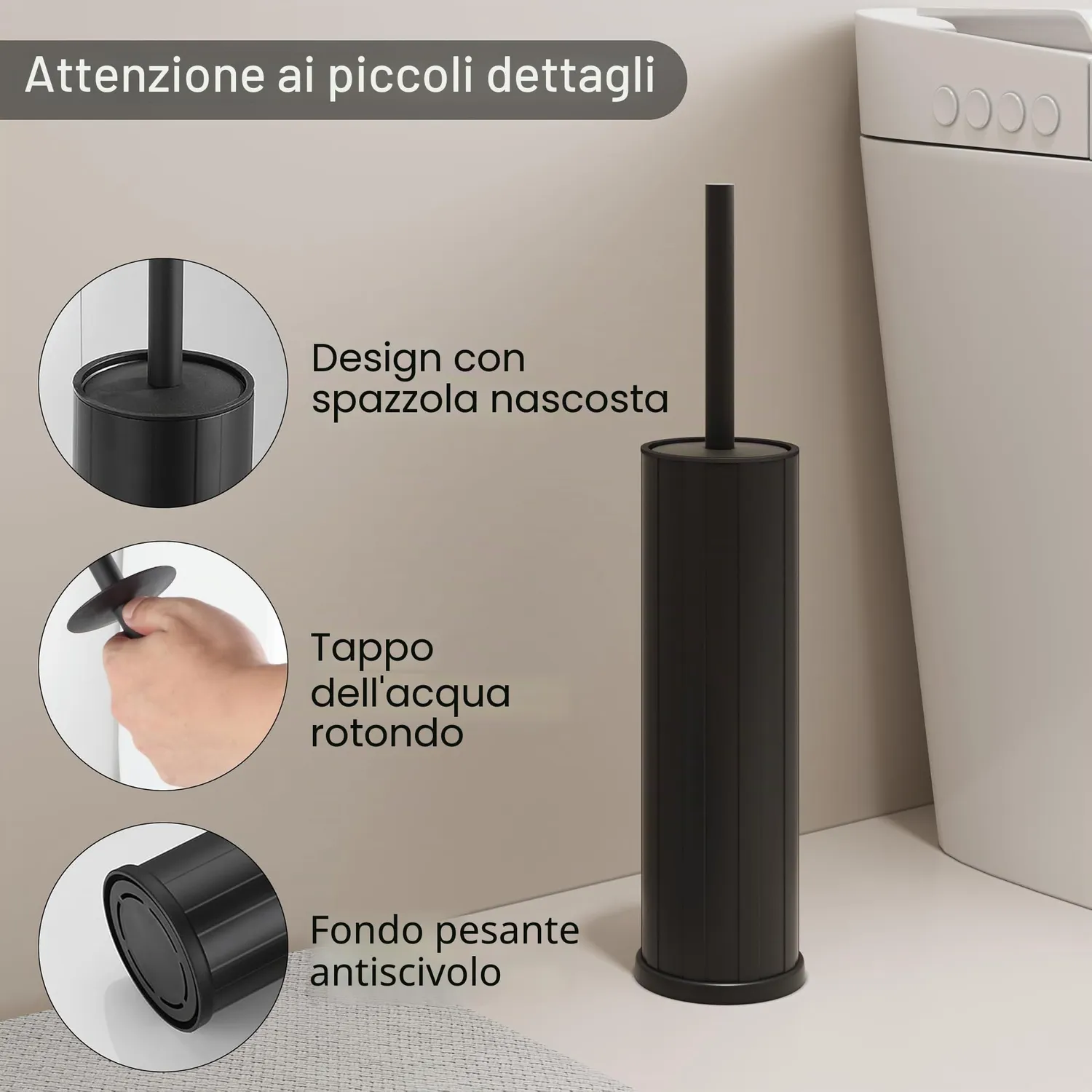 BVL scopino WC da terra nero rotondo silicone 2 testine
