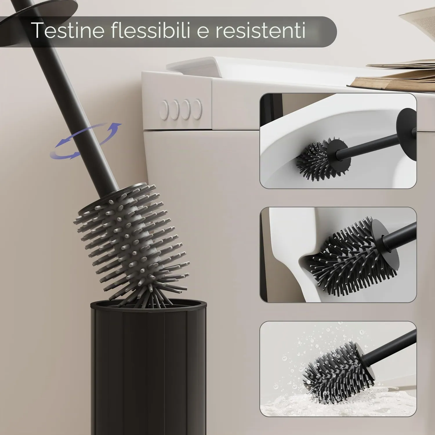 BVL scopino WC da terra nero rotondo silicone 2 testine